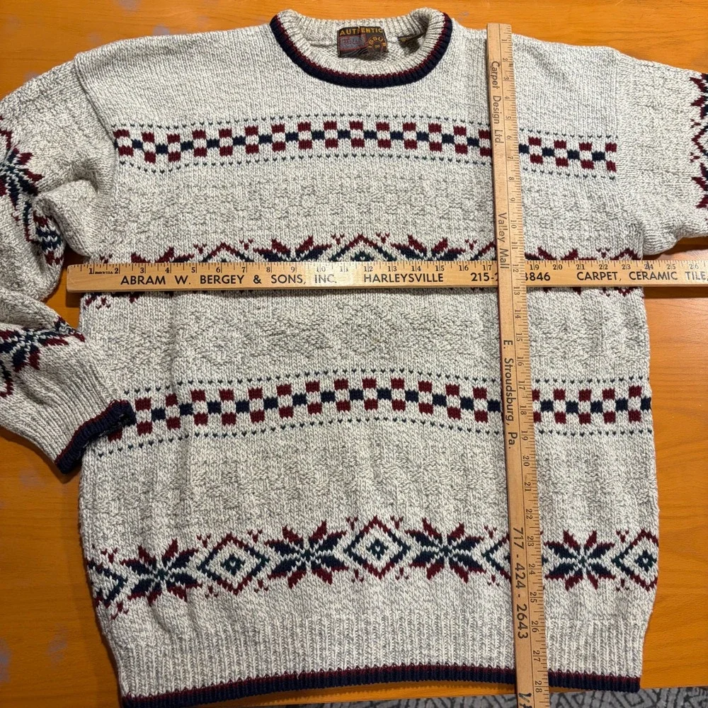 VTG 80s 90s Cotton Authentic Knitwear Mens L Nordic Fair Isle‎ Sweater Made USA - Picture 7 of 9